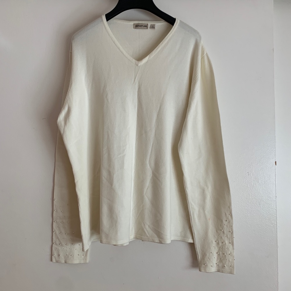 Pearl studded white knit v-neck sweater